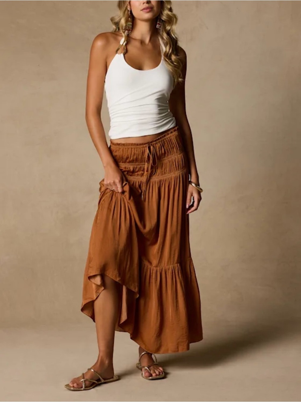 Lulus Goldie Light Brown Ruched Midi Skirt